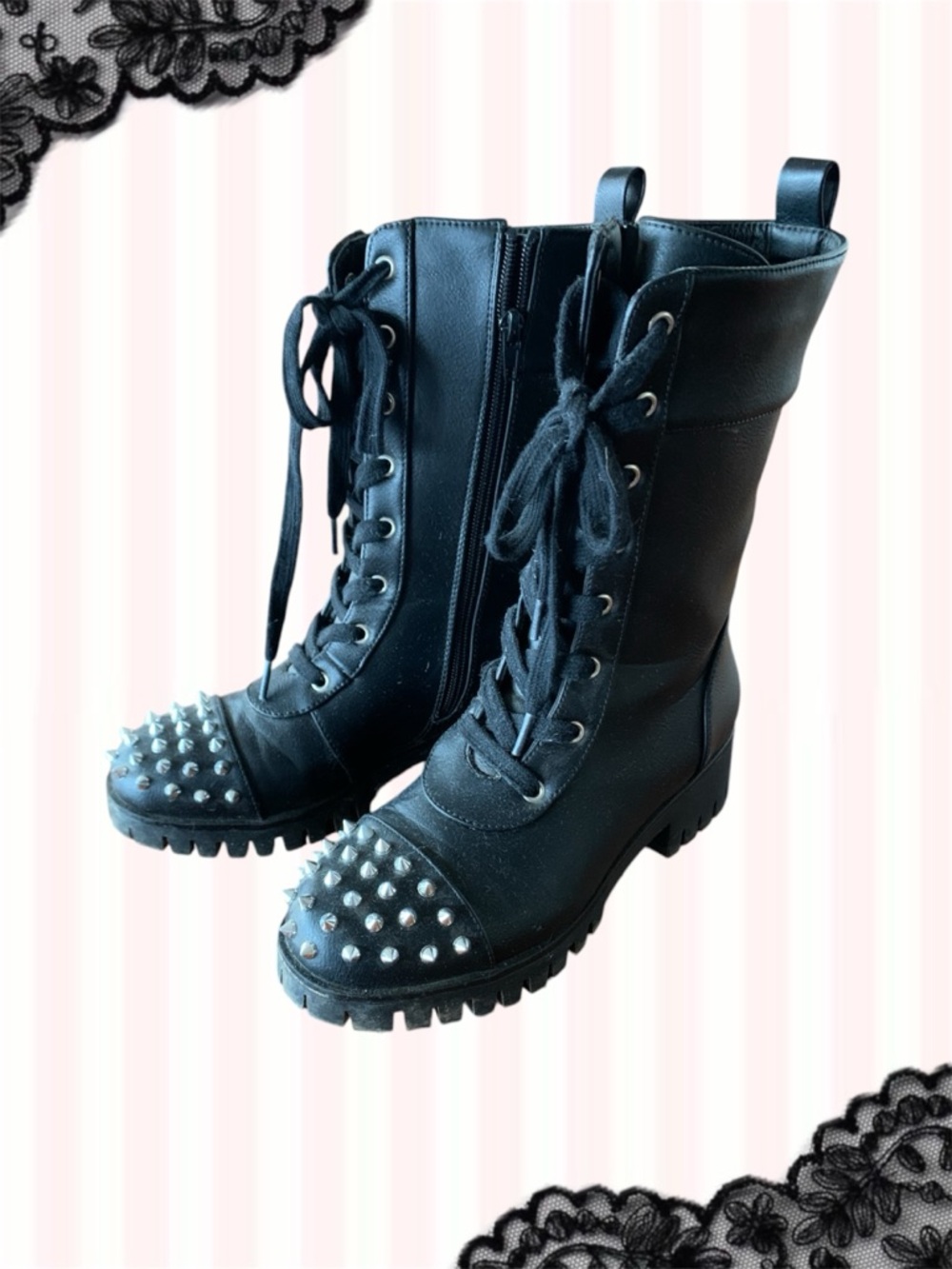 Ocho Loves Black Gothic Punk Studded Combat Boots